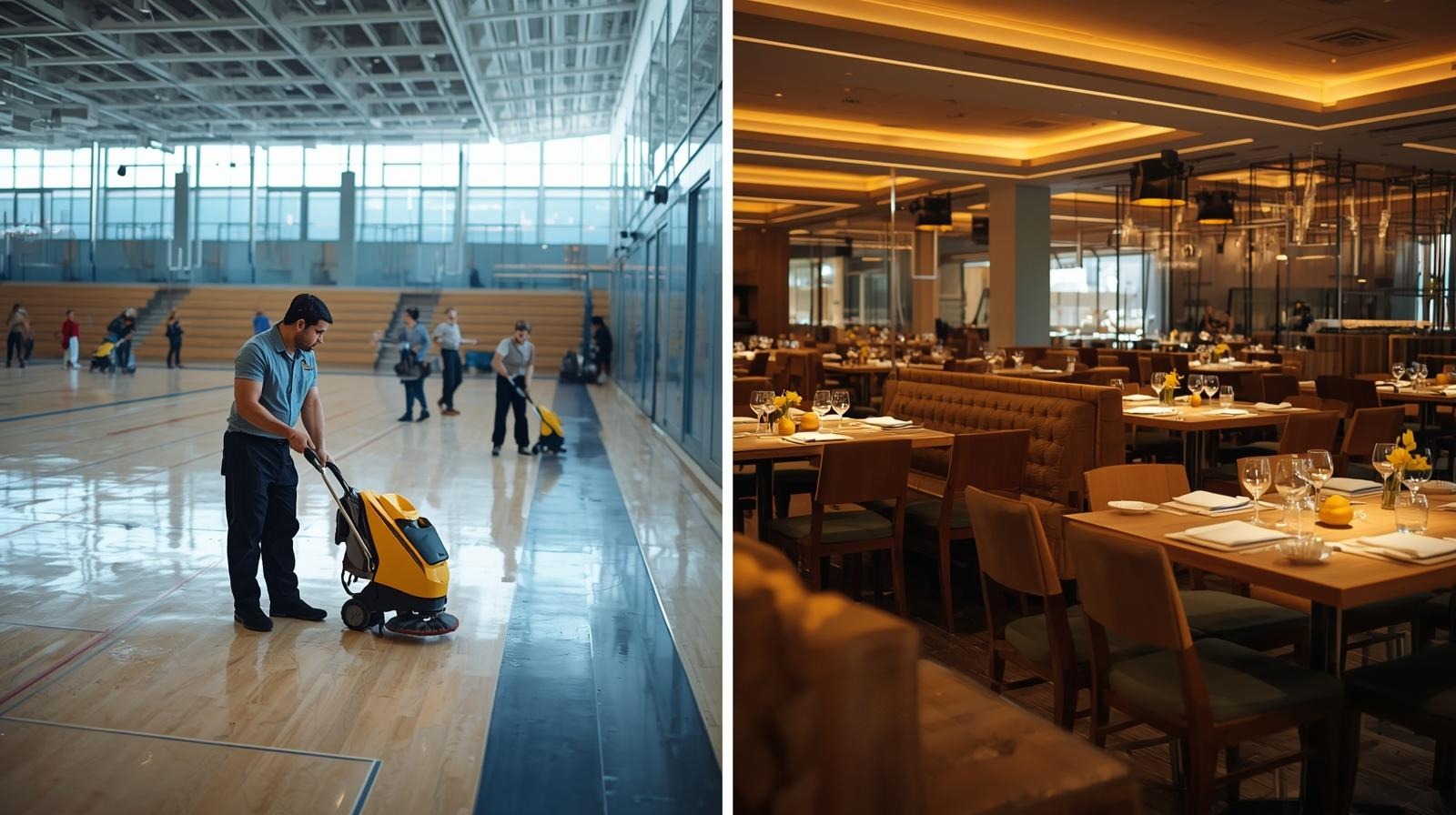 some staff cleaning floor, gym, restaurant (1)